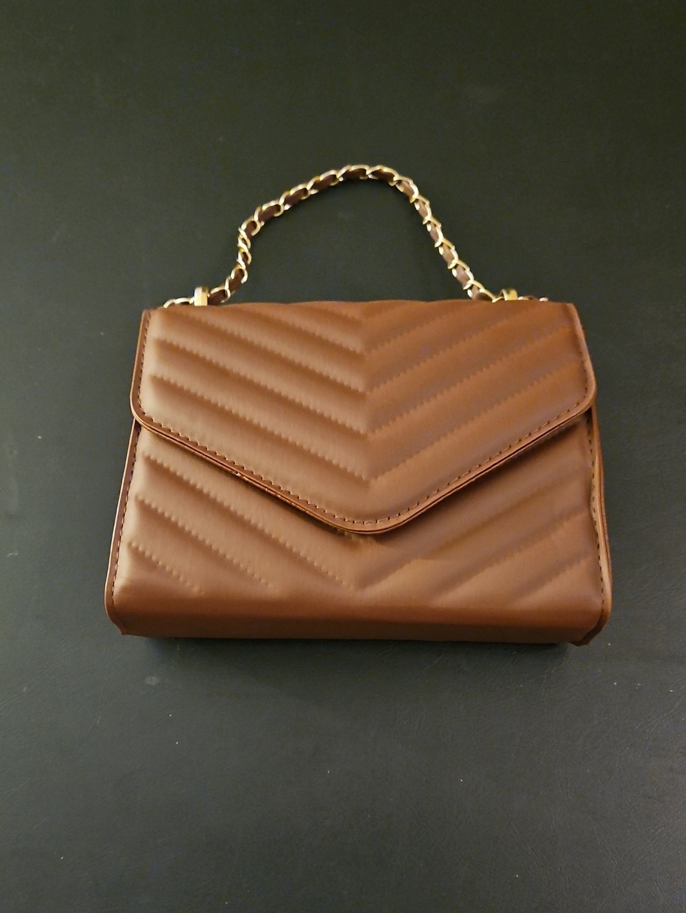 Chevron Quilted Brown Crossbody with Gold Chain Handle